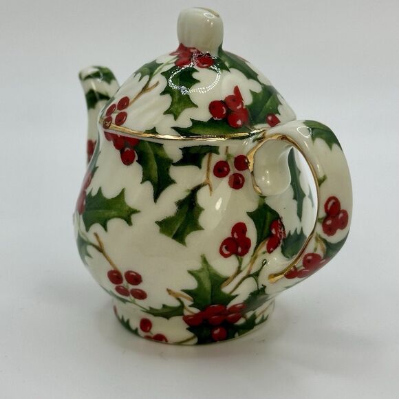 Vintage Miniature Teapot Christmas Decor Ornament Holly Pattern Gold Accents - Picture 5 of 9